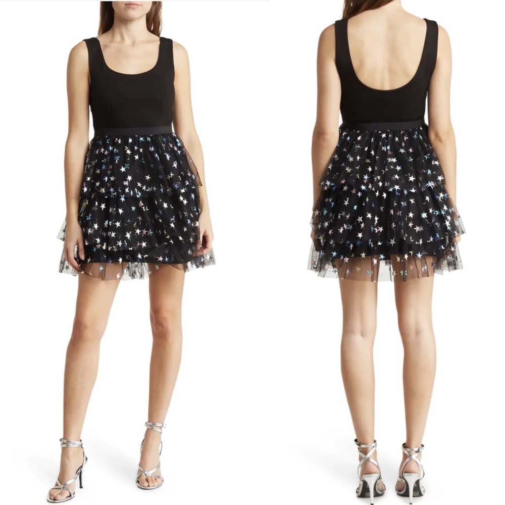 NWT Betsey Johnson Multicolor Metallic Star Tiered Tulle Knot Mini Dress Small